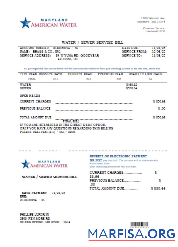 Downloadable Maryland American Water Co utility business bill, SCR template